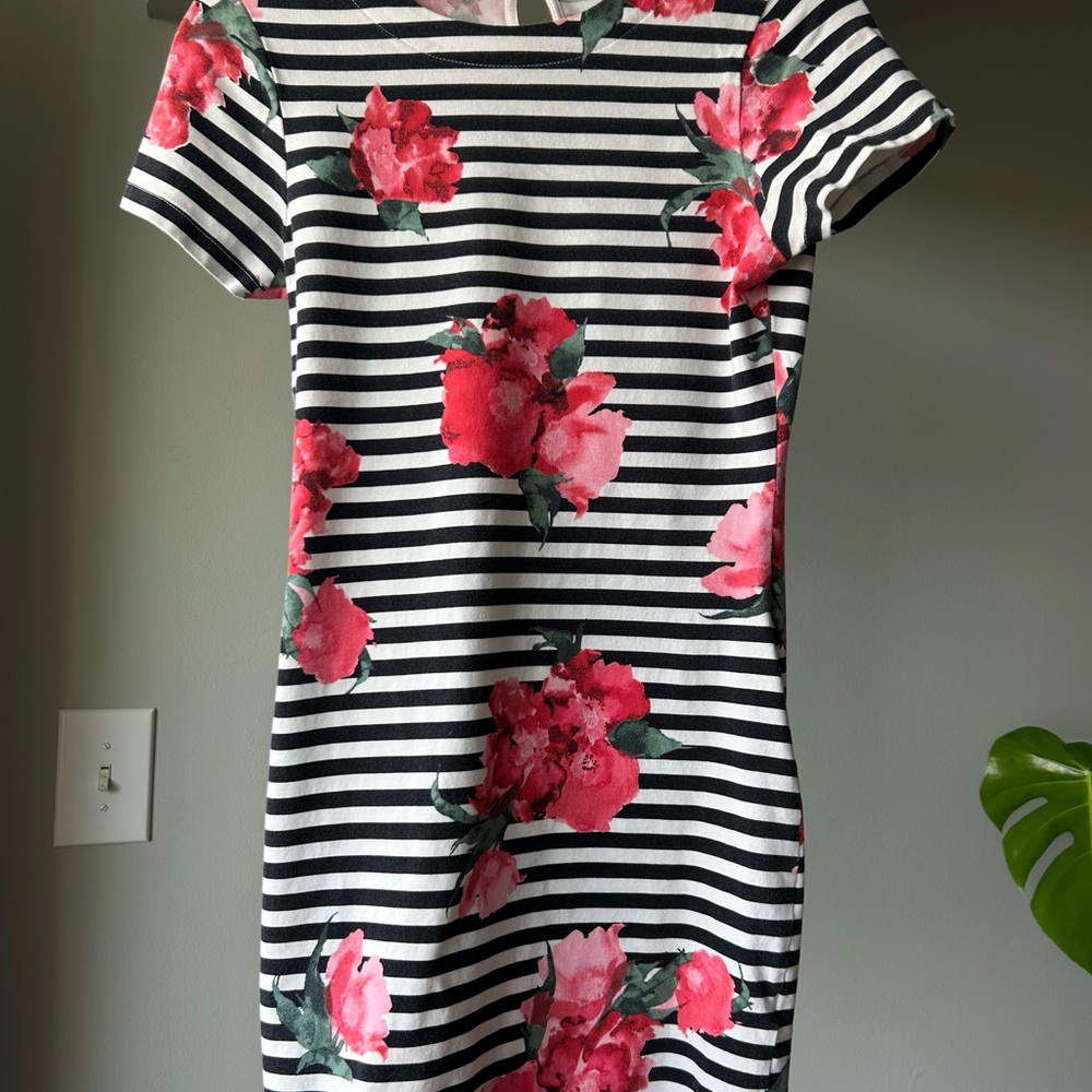 French Connection Black and White Striped Dress with Pink Floral